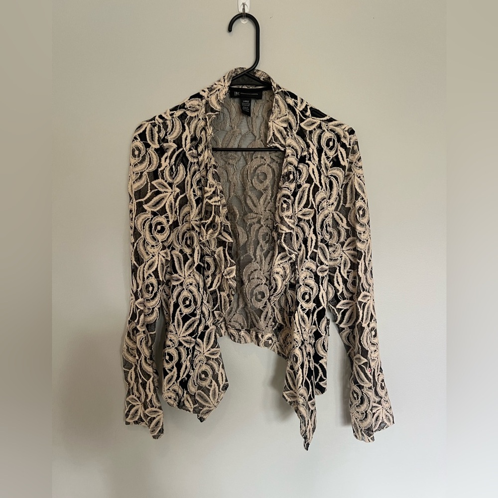 INC International Concept Lace Jacket Large Black Beige Floral Open Front Blazer